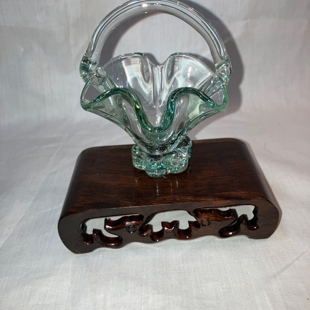 Small Green Glass Basket Toothpick Holder Made in Spain for Rosenthal Netter.